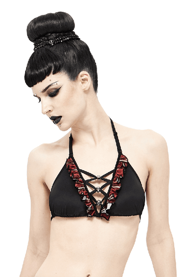 Sexy Bikini Top / Black and Red Swimsuit with Skull Pendants